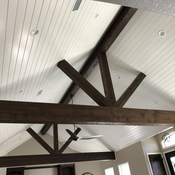 Vaulted tongue and groove ceiling, cedar box beam