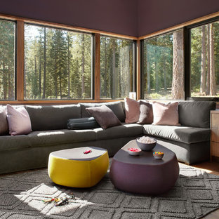 Großes, Abgetrenntes Modernes Wohnzimmer mit lila Wandfarbe, braunem Boden und braunem Holzboden in San Francisco