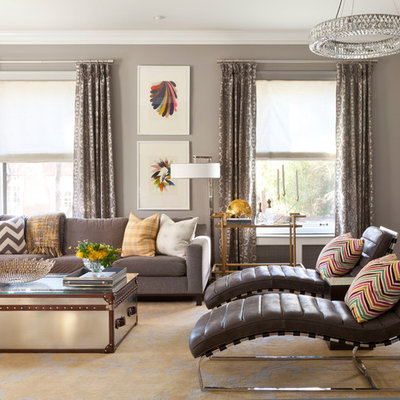 Family room - large transitional enclosed medium tone wood floor family room idea in Denver with a bar, gray walls and no fireplace
