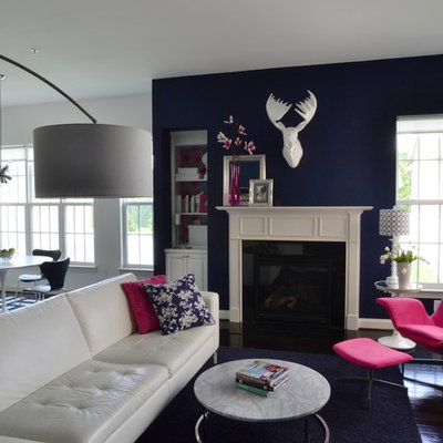 Inspiration for a contemporary open concept brown floor family room remodel in Richmond with blue walls and a standard fireplace