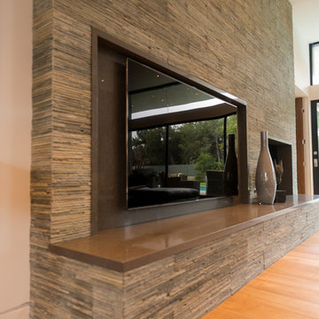 Wallace Ridge Beverly Hills modern luxury home stacked stone tv wall