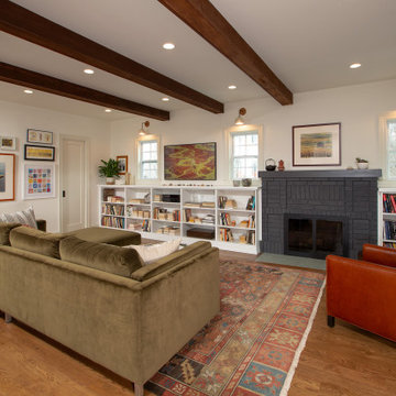 Warm Open Kitchen with Blue/Gray/Green Cabinets and Dark Wood