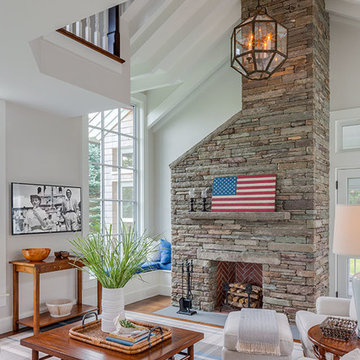 Warm Welcome - Living Room & Stone Fireplace - Cape Cod, MA Custom Home