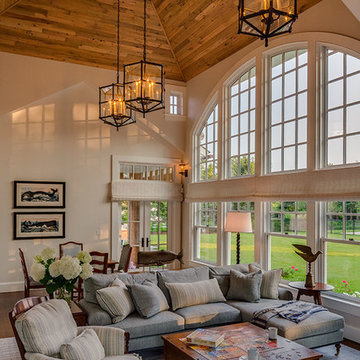 Warm Welcome - Living Room & Wood Ceiling - Cape Cod, MA Custom Home