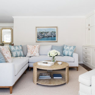 Mid-sized transitional open concept dark wood floor and brown floor family room photo in Boston with gray walls and a media wall