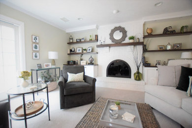 Example of a mid-sized farmhouse open concept carpeted and gray floor family room design in DC Metro with green walls, a standard fireplace, a brick fireplace and a corner tv