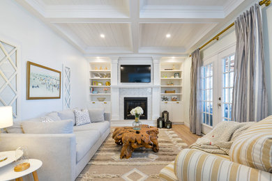 Klassisches Wohnzimmer mit weißer Wandfarbe, hellem Holzboden, Kamin und TV-Wand in Sonstige
