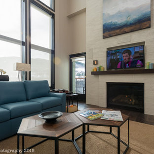 Example of a large minimalist loft-style dark wood floor family room design in Denver with beige walls, a standard fireplace, a plaster fireplace and a media wall