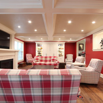 White Painted Glazed Cabinets in Red Family Room