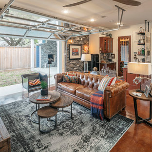 Large transitional open concept concrete floor and brown floor family room photo in Houston with a bar and brown walls