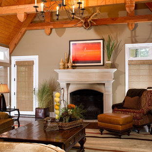 Wood-Beamed Family Room with White Fireplace