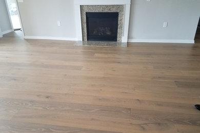 Inspiration for a transitional light wood floor and beige floor family room remodel in Raleigh