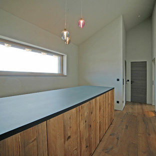 Mittelgroßer Moderner Flur mit grauer Wandfarbe, dunklem Holzboden und braunem Boden in München