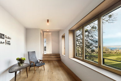 Modelo de recibidores y pasillos minimalistas de tamaño medio con paredes blancas y suelo de madera en tonos medios