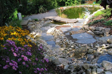 This is an example of a classic sloped garden in Other with a water feature.