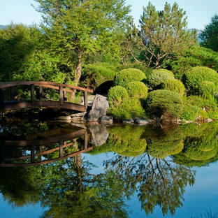 Großer, Halbschattiger Asiatischer Garten im Sommer mit Teich in München