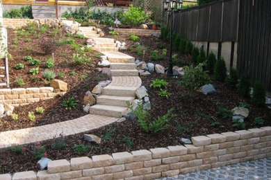 This is an example of a sloped fully shaded garden wall in Other with a garden path and natural stone paving.