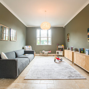 Design ideas for a farmhouse games room in London with green walls.