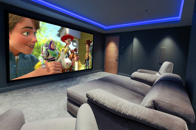 Photo of a medium sized modern enclosed home cinema in Devon with grey walls, carpet and grey floors.