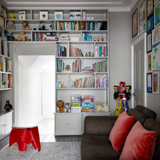 Design ideas for a contemporary enclosed games room in London with grey walls, dark hardwood flooring and brown floors.