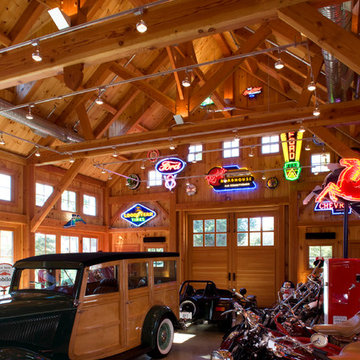 Barn Interior with exposed stained wood and hand-hewn beams