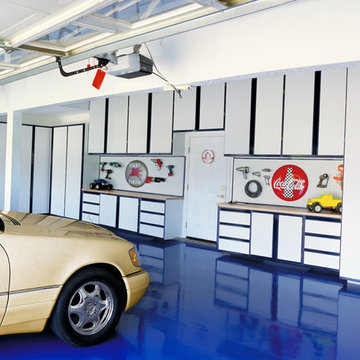 Custom Designed Garage (White Cabinets with Blue Trim, Tile floor)