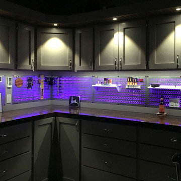 Custom Garage with Wall Control Pegboard and LED Lights