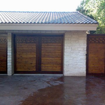 Customized real-wood overhead garage doors and gate.