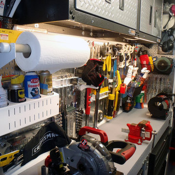 Galvanized Metal Pegboard Work Area with White Pegboard Accessories