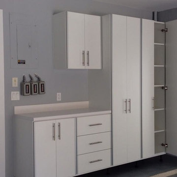 Garage Cabinetry - White Cabinets with Chrome Trim