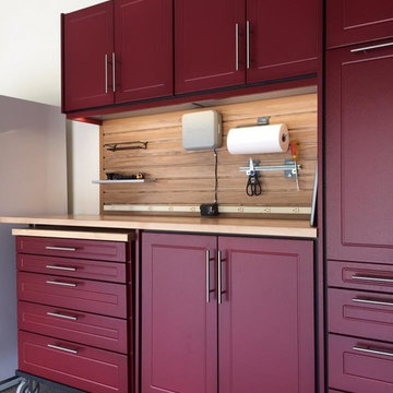 Garage Makeover- New Burgundy cabinets with the maple counter