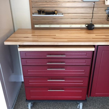 Garage Makeover- New Burgundy cabinets with the maple counter