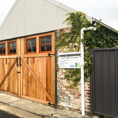 Inspiration for a large rustic detached three-car garage workshop remodel in Sydney