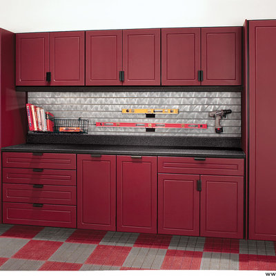 Inspiration for a mid-sized transitional attached two-car garage workshop remodel in Kansas City
