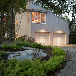 Garage workshop - mid-sized contemporary detached two-car garage workshop idea in Portland Maine
