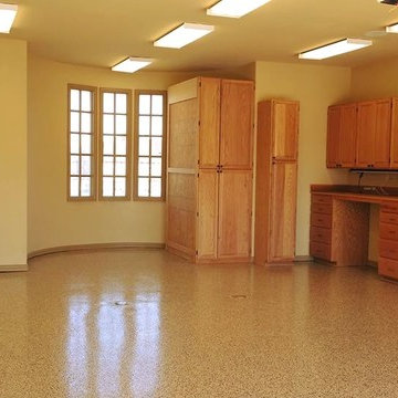 Smaller Garage with Wooden Cabinets