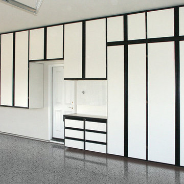 White Wall-Mounted Modular Cabinets with Black Trim