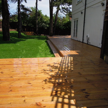 A view from the side showing decking and platform