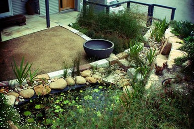 На фото: участок и сад на заднем дворе в современном стиле с покрытием из каменной брусчатки с