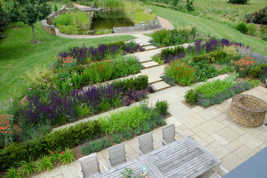 Diseño de camino de jardín actual en verano en patio trasero con exposición total al sol y adoquines de piedra natural