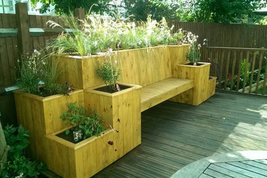 Imagen de jardín minimalista de tamaño medio en patio trasero con jardín de macetas