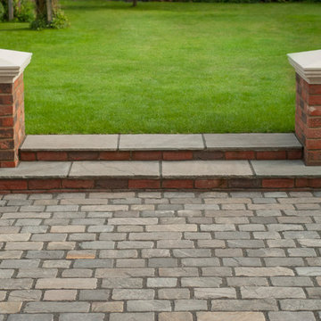 Cobbled Pathway, Indian Sandstone Patio With Brick Pillars