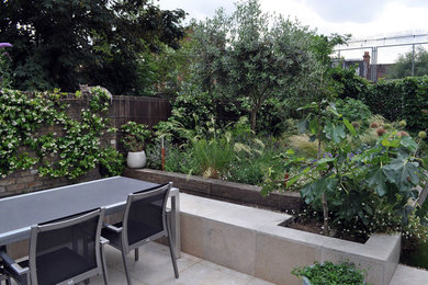 Diseño de jardín de secano contemporáneo pequeño en patio trasero con exposición total al sol y adoquines de piedra natural
