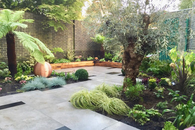Inspiration for a small contemporary courtyard xeriscape partial sun garden for autumn in Surrey with a pathway and concrete paving.