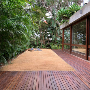 Large tropical backyard full sun formal garden in Sydney with gravel for summer.