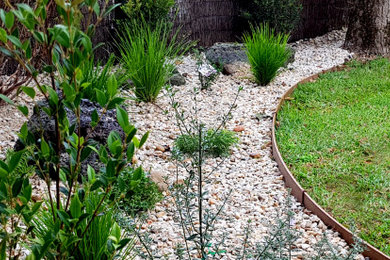 Modelo de jardín actual pequeño en patio delantero con exposición parcial al sol y adoquines de hormigón