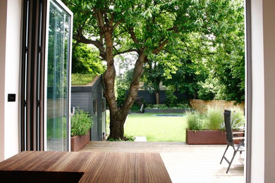 This is an example of a contemporary back garden in Cambridgeshire with decking.