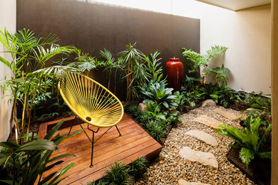 Diseño de jardín tropical en verano en patio con exposición reducida al sol, entablado y jardín francés