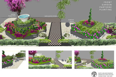 Diseño de jardín clásico pequeño en verano en patio delantero con jardín francés, macetero elevado, exposición parcial al sol y gravilla