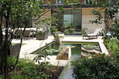 Идея дизайна: солнечный участок и сад среднего размера на заднем дворе в современном стиле с хорошей освещенностью и покрытием из каменной брусчатки